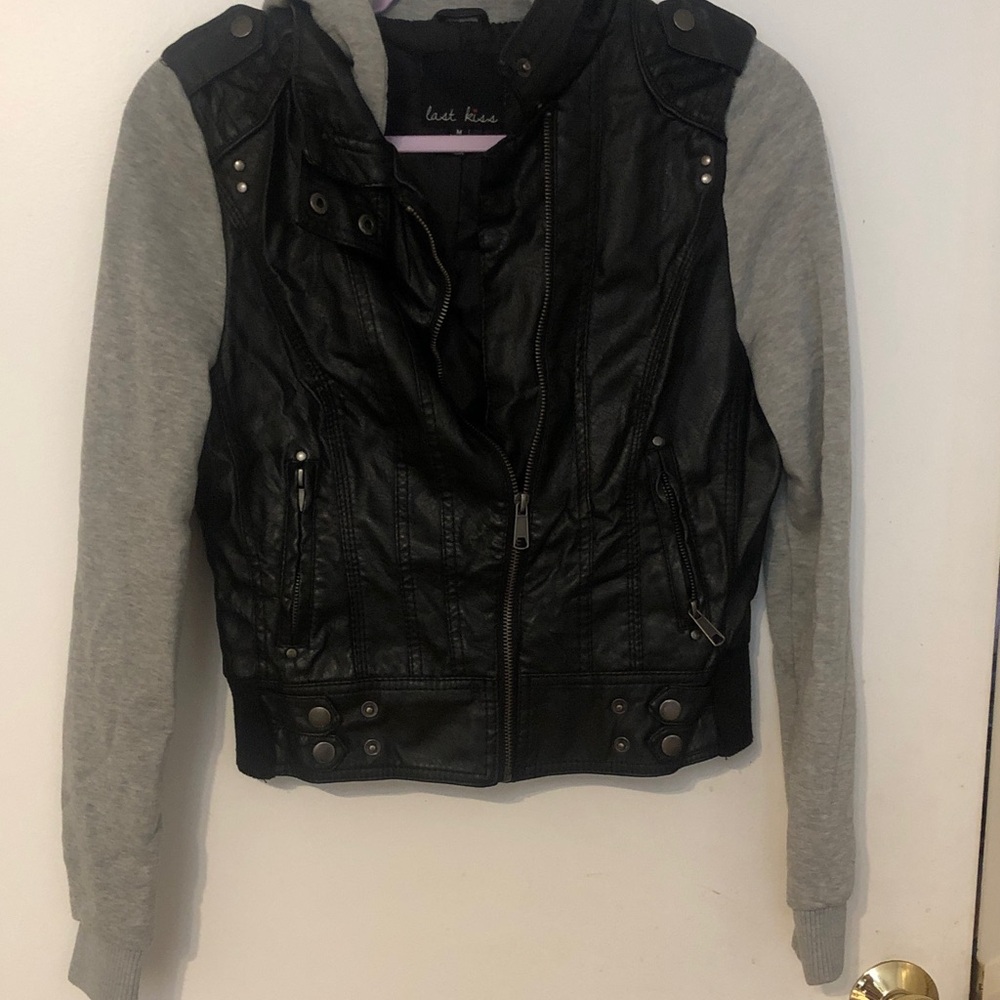 last kiss Black Faux Leather Jean Jacket with Gray Hoodie Sleeves
